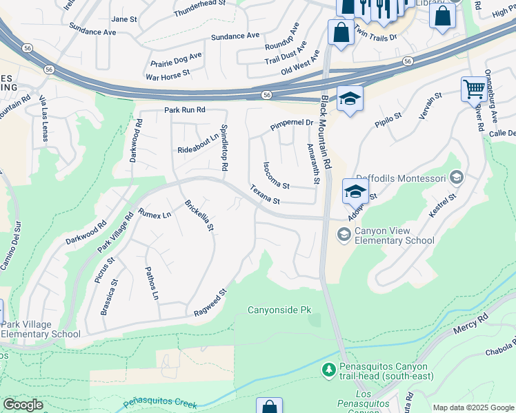 map of restaurants, bars, coffee shops, grocery stores, and more near Park Village Road & Ragweed Street in San Diego
