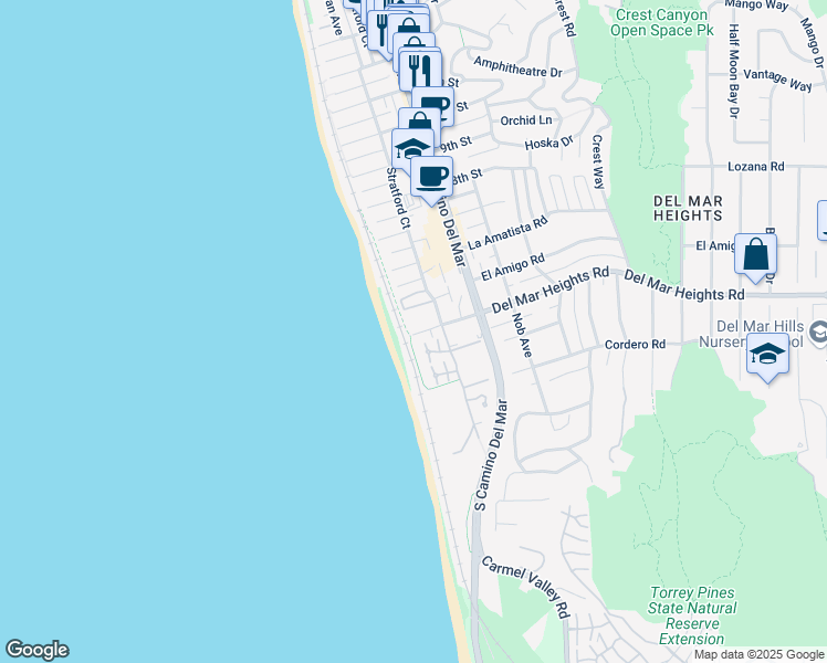 map of restaurants, bars, coffee shops, grocery stores, and more near 110 4th Street in Del Mar