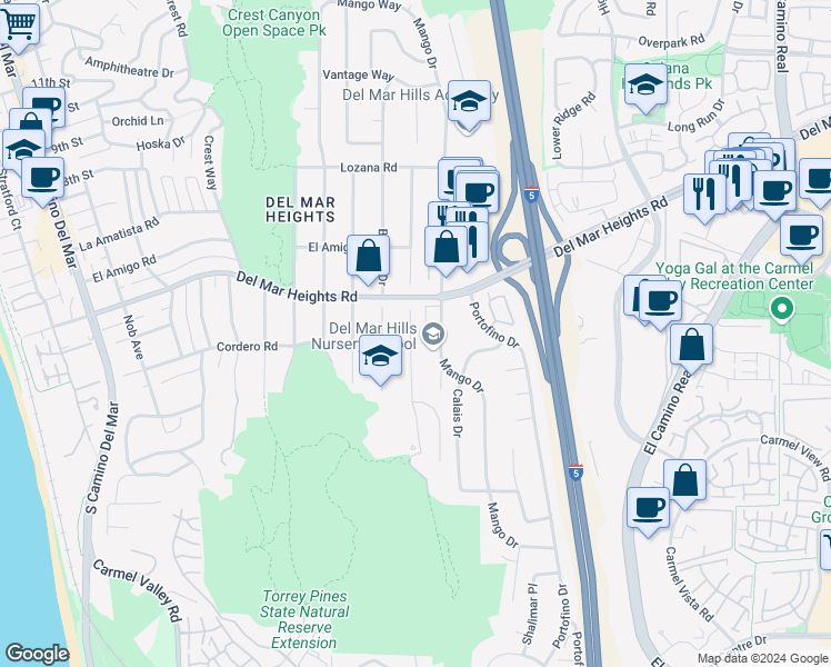 map of restaurants, bars, coffee shops, grocery stores, and more near 13731 Mira Montana Drive in Del Mar