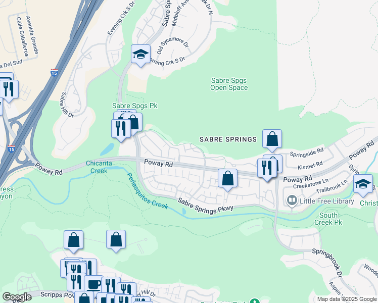 map of restaurants, bars, coffee shops, grocery stores, and more near 12680 Creekview Drive in San Diego