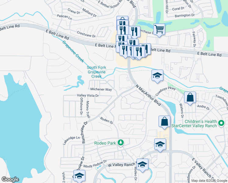map of restaurants, bars, coffee shops, grocery stores, and more near 1100 Hemingway Lane in Irving