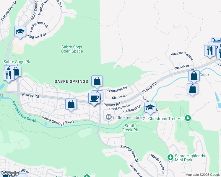 map of restaurants, bars, coffee shops, grocery stores, and more near 11654 Springside Road in San Diego