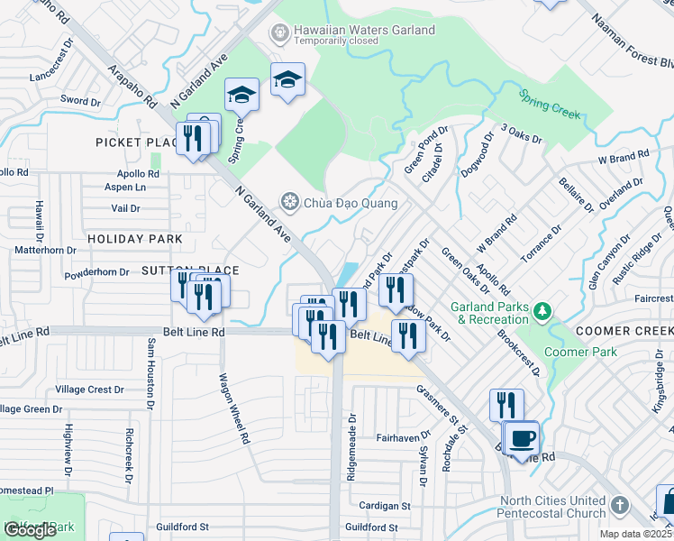 map of restaurants, bars, coffee shops, grocery stores, and more near 3232 North Garland Avenue in Garland