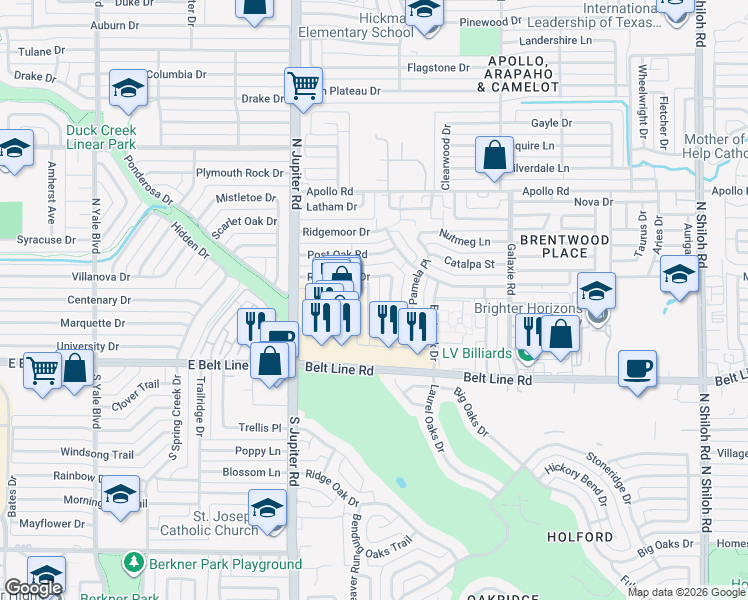 map of restaurants, bars, coffee shops, grocery stores, and more near 3126 Fieldview Drive in Garland