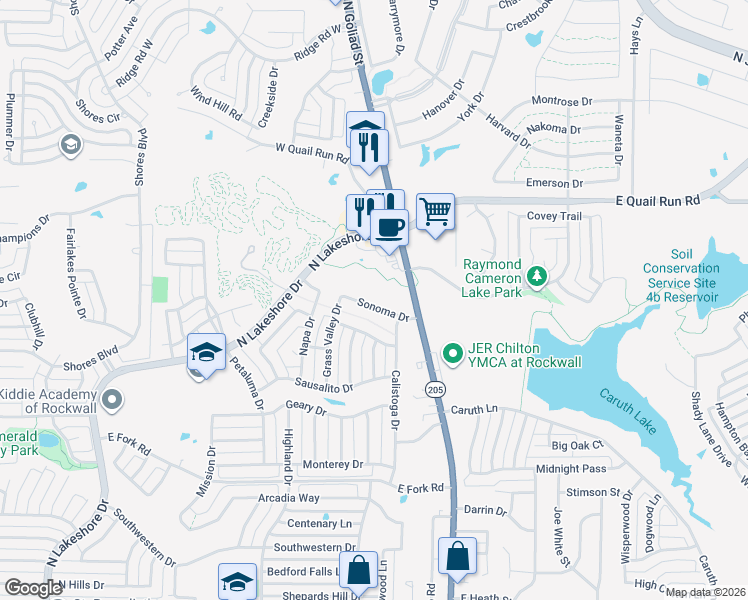 map of restaurants, bars, coffee shops, grocery stores, and more near 448 Sonoma Drive in Rockwall