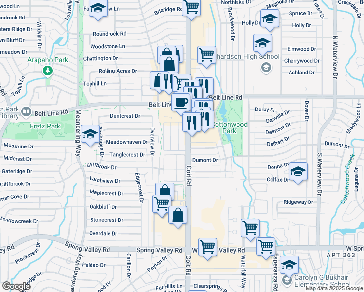 map of restaurants, bars, coffee shops, grocery stores, and more near 14619 South Coit Road in Dallas