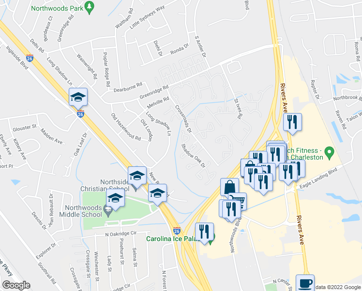 map of restaurants, bars, coffee shops, grocery stores, and more near 8149 Shadow Oak Drive in Charleston