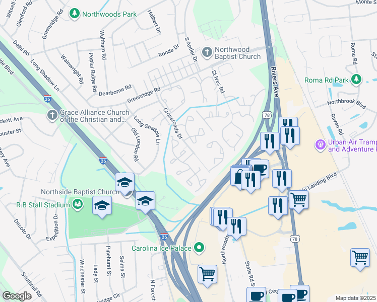 map of restaurants, bars, coffee shops, grocery stores, and more near 8062 Shadow Oak Drive in North Charleston