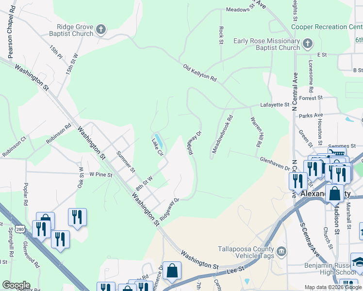 map of restaurants, bars, coffee shops, grocery stores, and more near 617 Ridgeway Drive in Alexander City