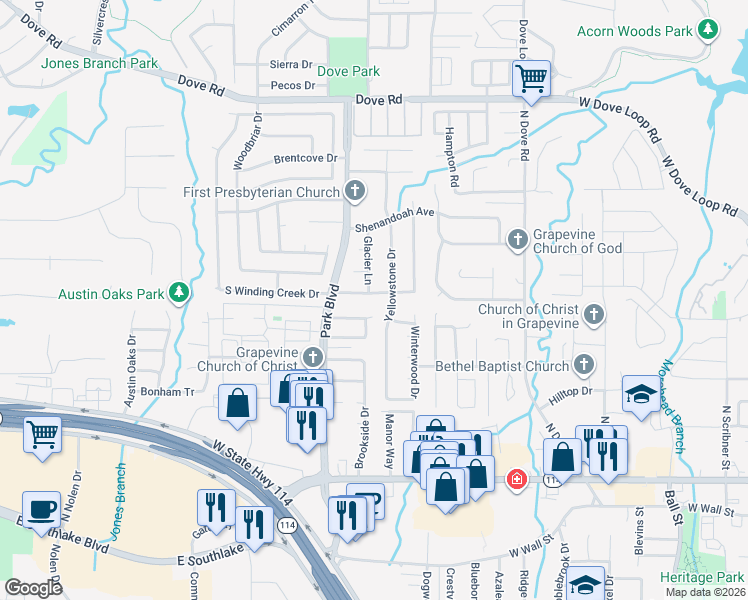 map of restaurants, bars, coffee shops, grocery stores, and more near 1901 Redwood Trail in Grapevine