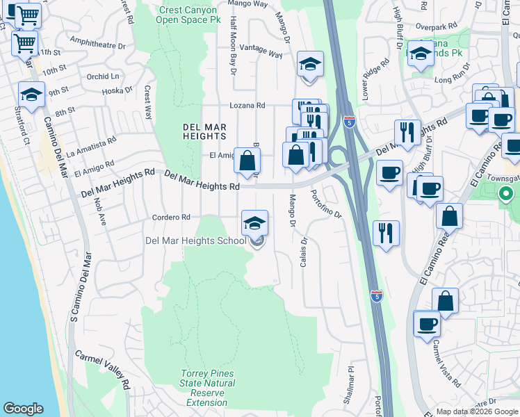 map of restaurants, bars, coffee shops, grocery stores, and more near 13723 Boquita Drive in Del Mar