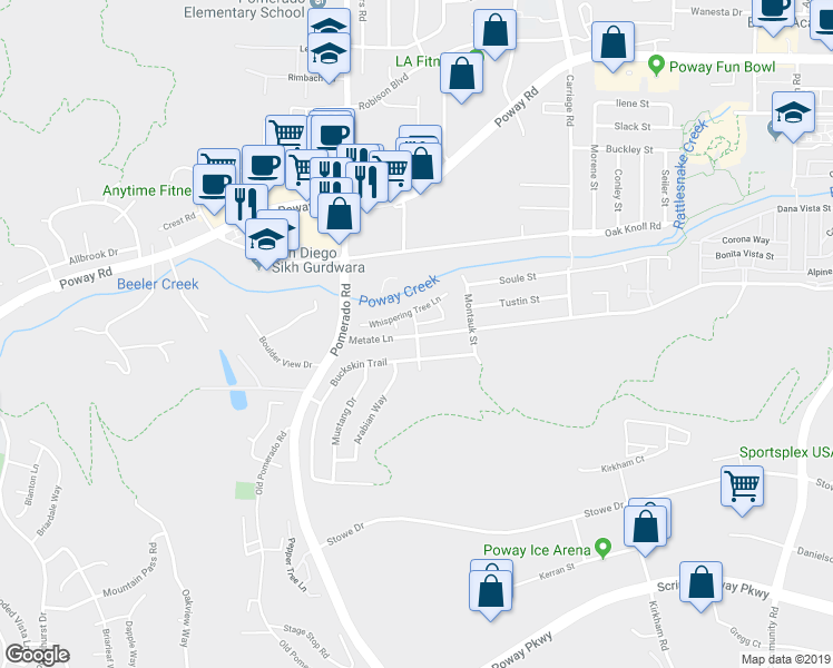 map of restaurants, bars, coffee shops, grocery stores, and more near Metate Ln & Poway Oaks Dr in Poway