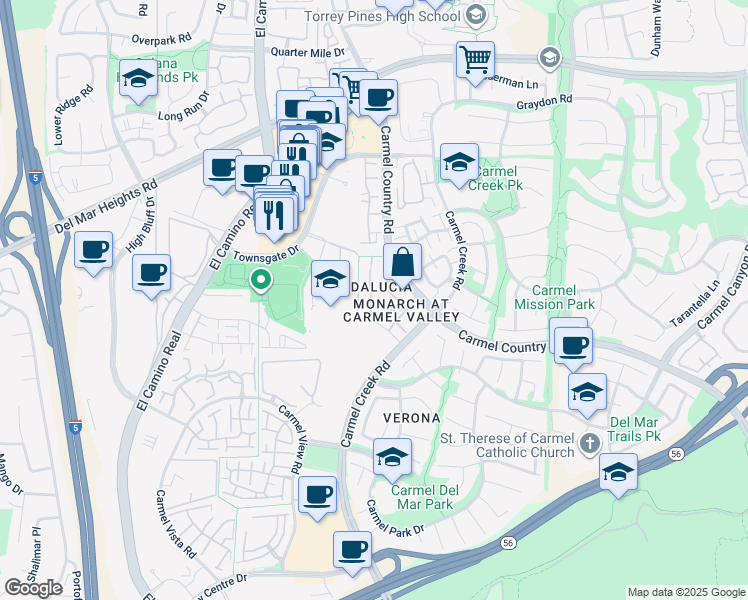 map of restaurants, bars, coffee shops, grocery stores, and more near 3796 Mykonos Lane in San Diego