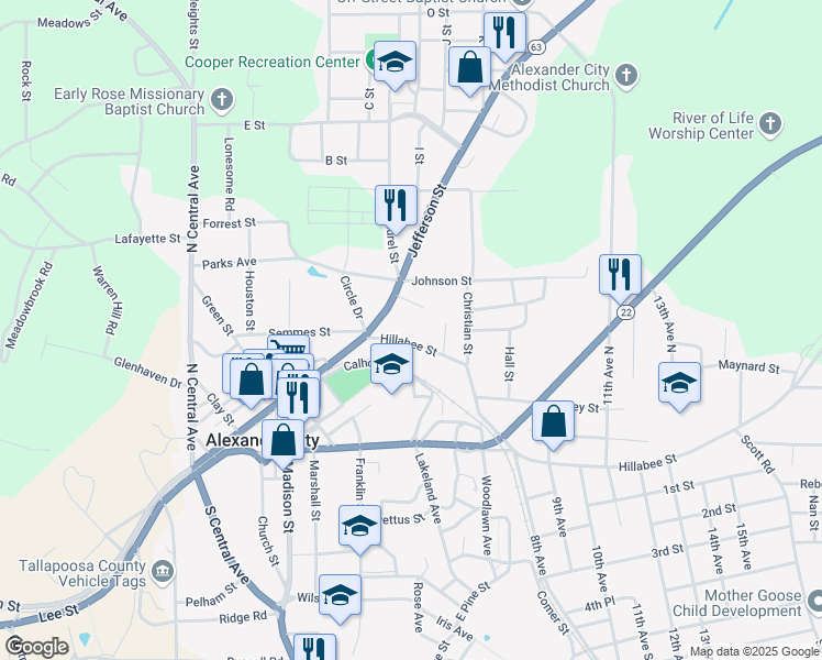 map of restaurants, bars, coffee shops, grocery stores, and more near 497 Hillabee Street in Alexander City