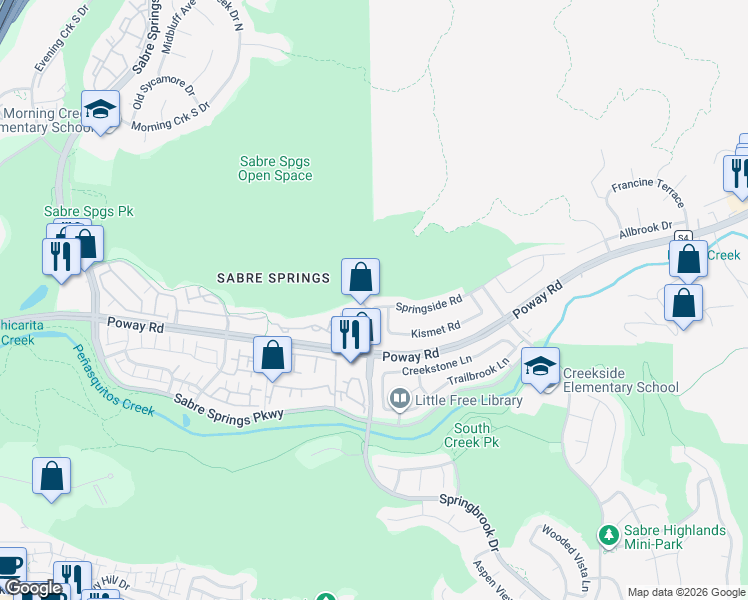 map of restaurants, bars, coffee shops, grocery stores, and more near 11604 Springside Road in San Diego