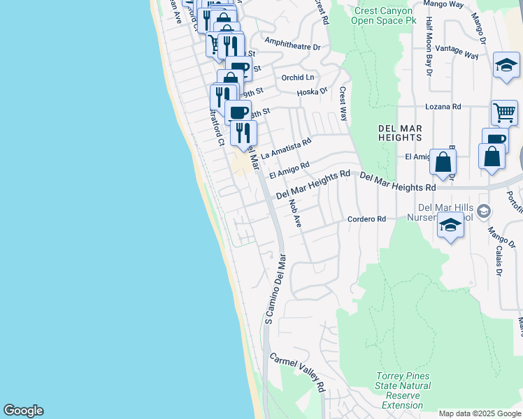 map of restaurants, bars, coffee shops, grocery stores, and more near 201 4th Street in Del Mar