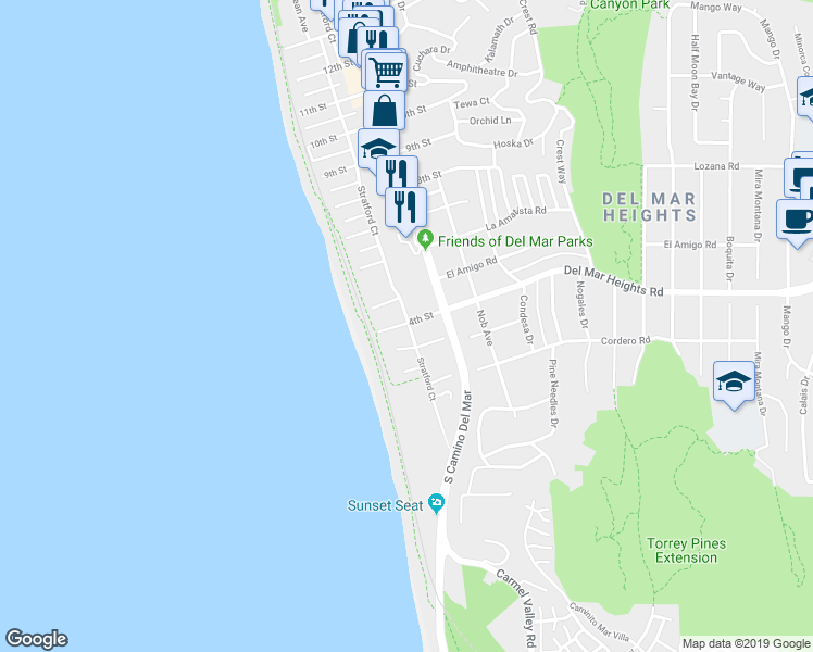 map of restaurants, bars, coffee shops, grocery stores, and more near 374 Stratford Court in Del Mar