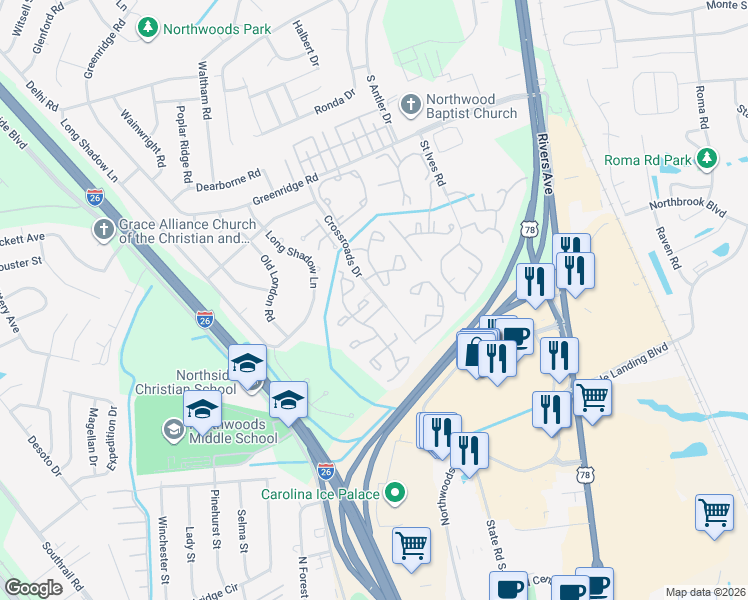 map of restaurants, bars, coffee shops, grocery stores, and more near 8062 Shadow Oak Drive in North Charleston