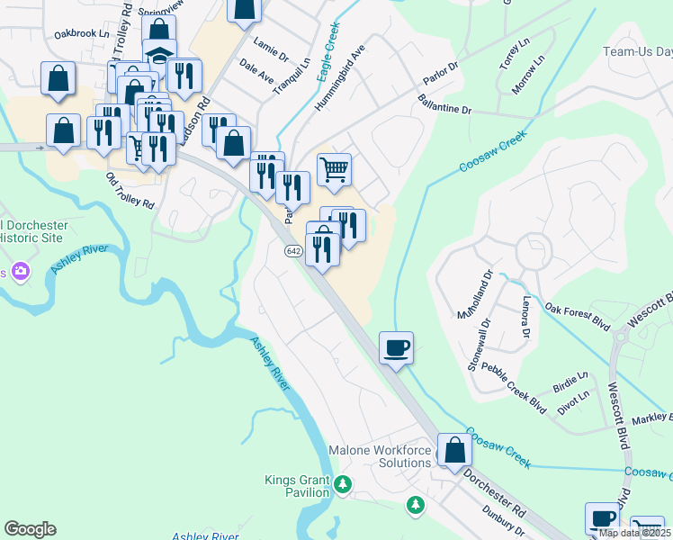 map of restaurants, bars, coffee shops, grocery stores, and more near 9770 Dorchester Road in Summerville