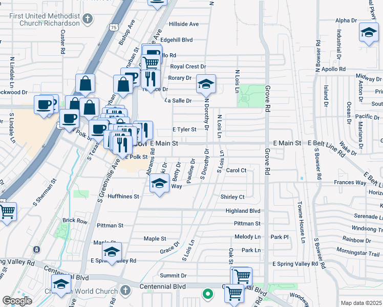 map of restaurants, bars, coffee shops, grocery stores, and more near 425 East Polk Street in Richardson