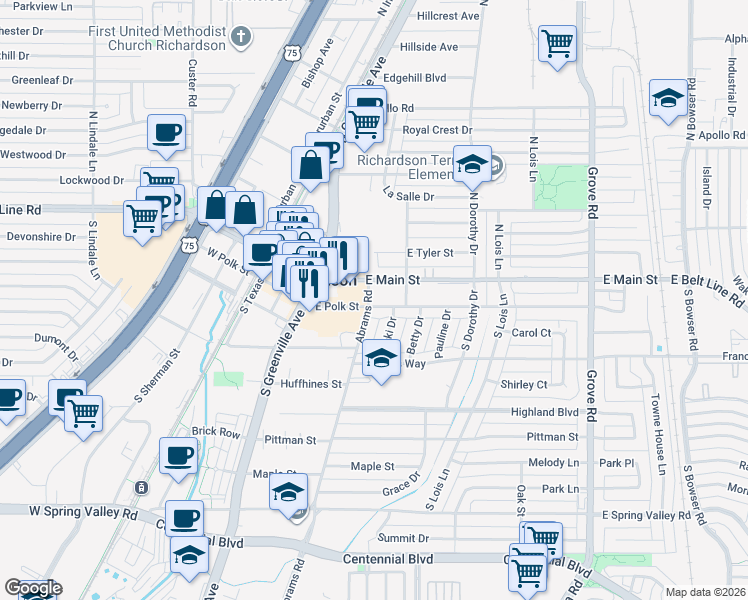 map of restaurants, bars, coffee shops, grocery stores, and more near 401 East Polk Street in Richardson