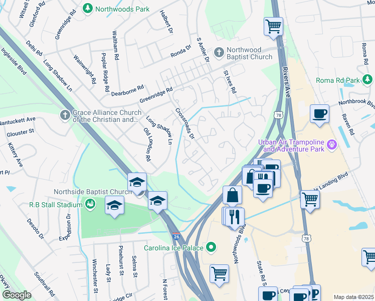 map of restaurants, bars, coffee shops, grocery stores, and more near 8106 Shadow Oak Drive in North Charleston