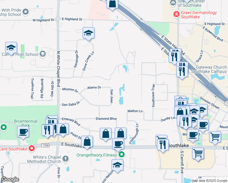 map of restaurants, bars, coffee shops, grocery stores, and more near 511 San Juan in Southlake