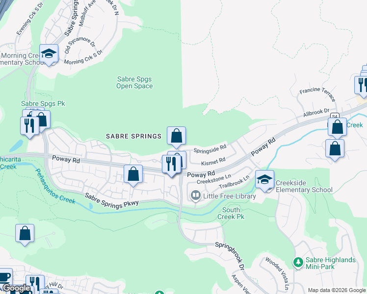 map of restaurants, bars, coffee shops, grocery stores, and more near 11604 Springside Road in San Diego