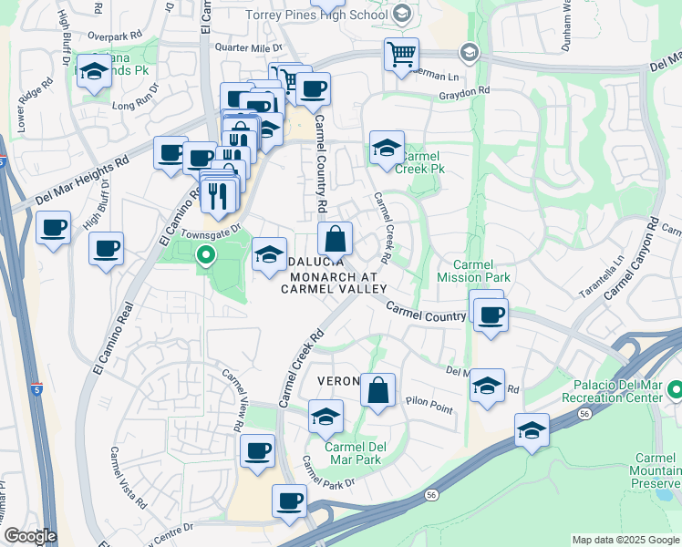 map of restaurants, bars, coffee shops, grocery stores, and more near 12368 Carmel Country Road in San Diego