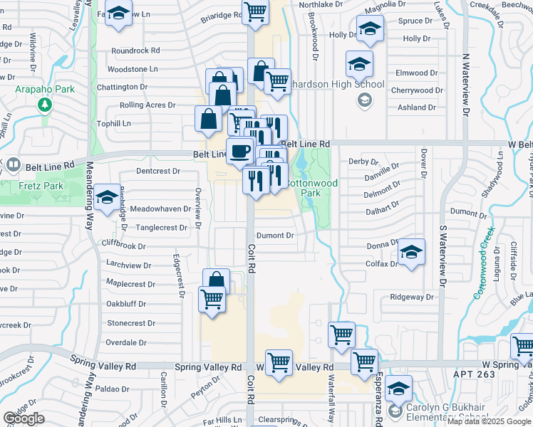 map of restaurants, bars, coffee shops, grocery stores, and more near 1428 Stagecoach Drive in Richardson