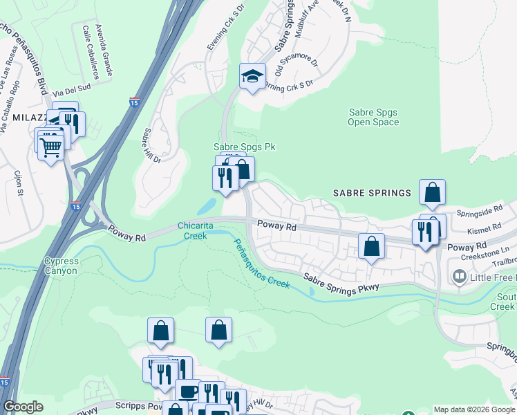 map of restaurants, bars, coffee shops, grocery stores, and more near 10850 Serafina Lane in San Diego