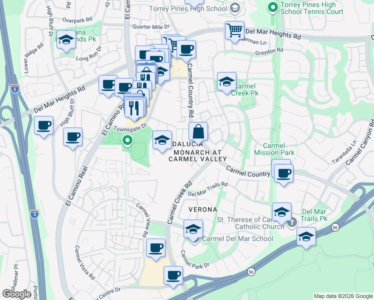 map of restaurants, bars, coffee shops, grocery stores, and more near 3796 Mykonos Lane in San Diego