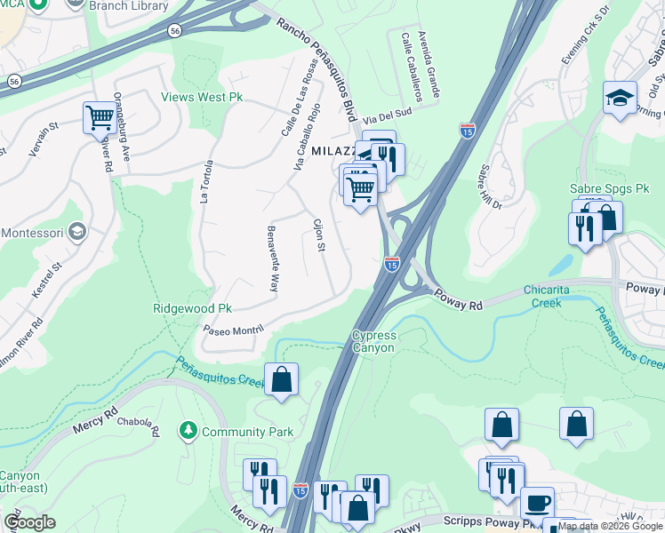 map of restaurants, bars, coffee shops, grocery stores, and more near 12661 Cijon Street in San Diego