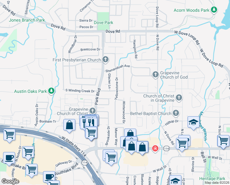 map of restaurants, bars, coffee shops, grocery stores, and more near 1901 Redwood Trail in Grapevine