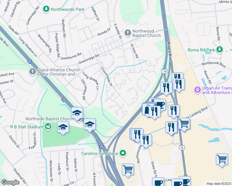 map of restaurants, bars, coffee shops, grocery stores, and more near 8062 Shadow Oak Drive in North Charleston