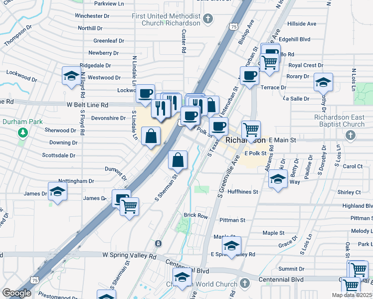 map of restaurants, bars, coffee shops, grocery stores, and more near 300 Sherman Street in Richardson