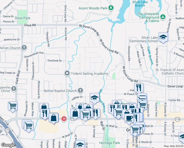 map of restaurants, bars, coffee shops, grocery stores, and more near 1005 Shady Brook Dr in Grapevine