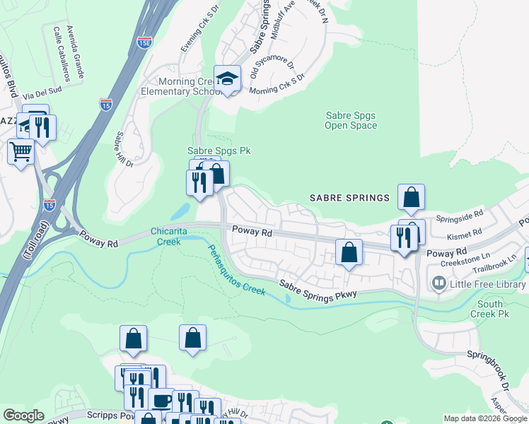 map of restaurants, bars, coffee shops, grocery stores, and more near 12634 Fiorenza Lane in San Diego