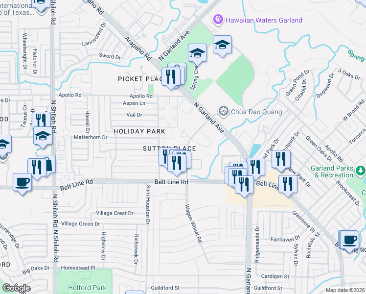 map of restaurants, bars, coffee shops, grocery stores, and more near 1706 Lakestone Court in Garland