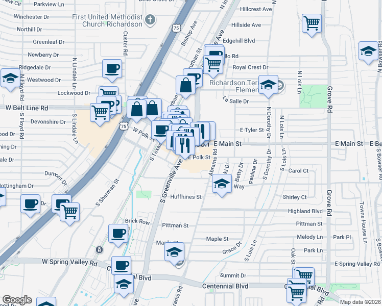 map of restaurants, bars, coffee shops, grocery stores, and more near 329 East Polk Street in Richardson