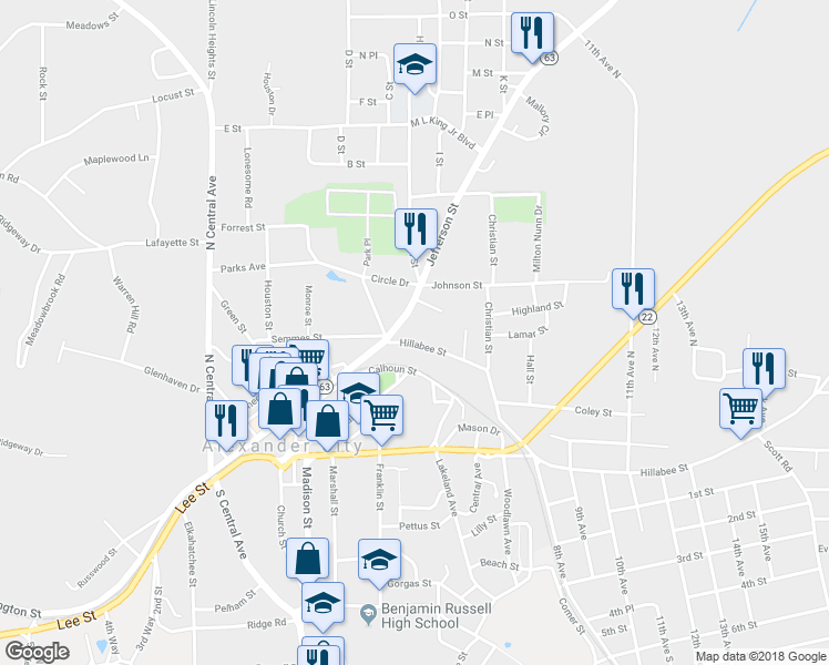 map of restaurants, bars, coffee shops, grocery stores, and more near 455 Hillabee St in Alexander City