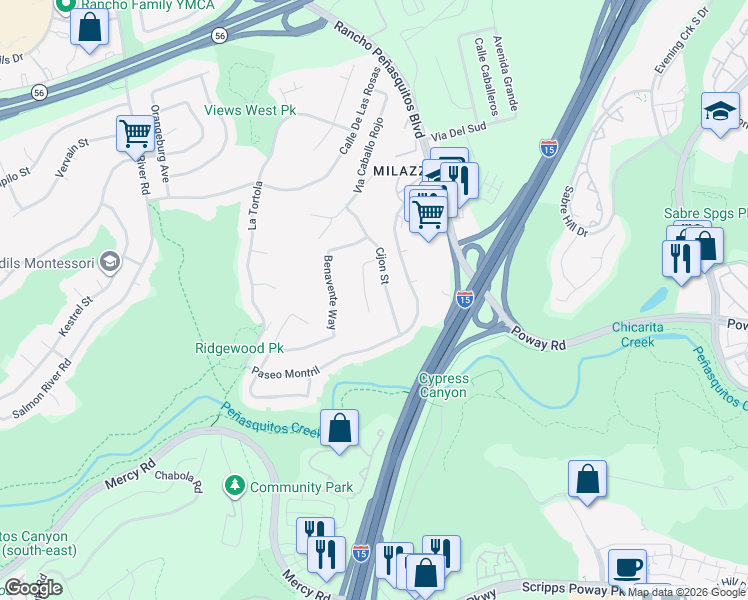 map of restaurants, bars, coffee shops, grocery stores, and more near 12687 Mengibar Avenue in San Diego