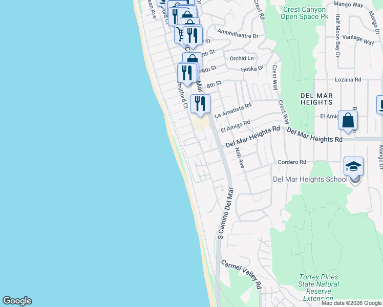 map of restaurants, bars, coffee shops, grocery stores, and more near 110 4th Street in Del Mar