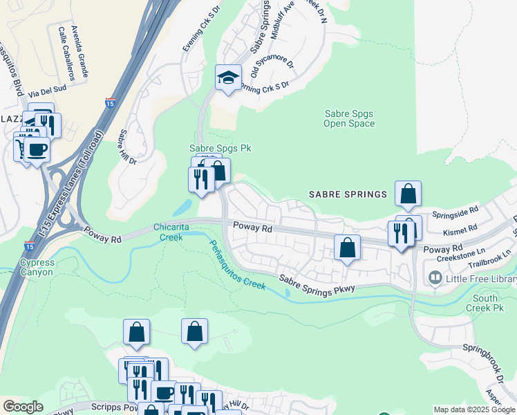 map of restaurants, bars, coffee shops, grocery stores, and more near 10902 Serafina Lane in San Diego