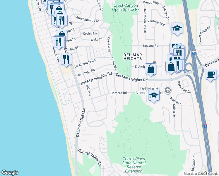 map of restaurants, bars, coffee shops, grocery stores, and more near 13709 Pine Needles Drive in Del Mar