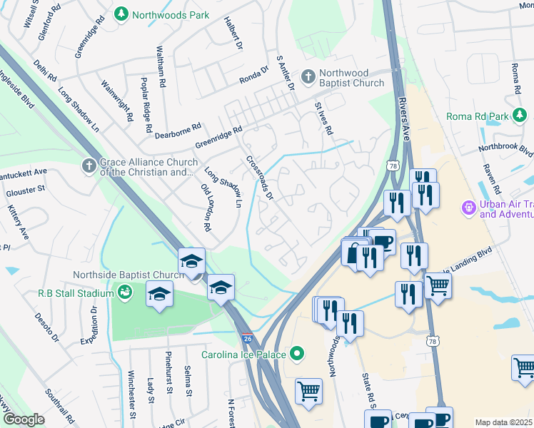 map of restaurants, bars, coffee shops, grocery stores, and more near 8106 Shadow Oak Drive in North Charleston