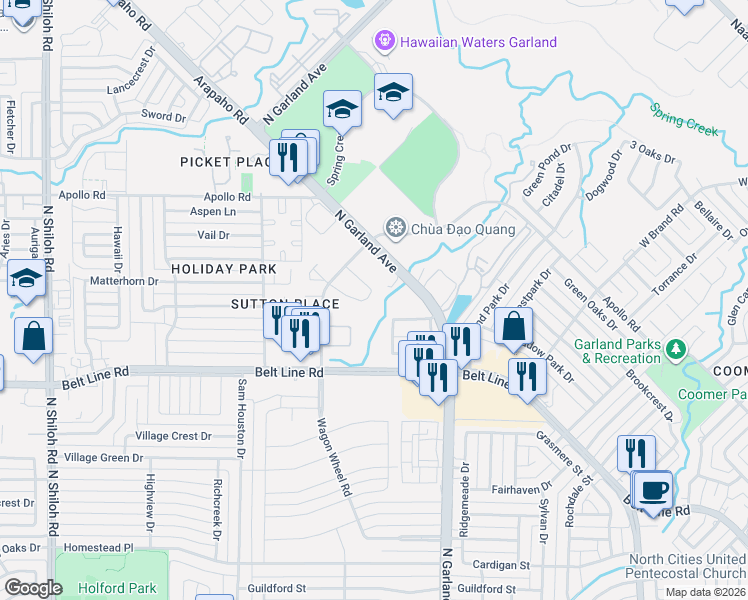 map of restaurants, bars, coffee shops, grocery stores, and more near 3410 Buckboard Way in Garland