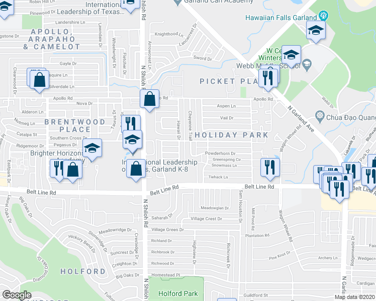 map of restaurants, bars, coffee shops, grocery stores, and more near 3305 Cheyenne Trail in Garland