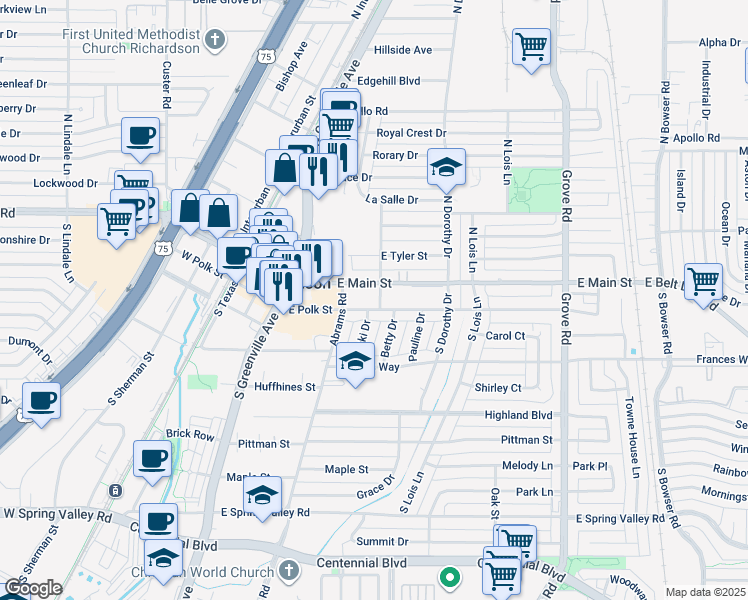 map of restaurants, bars, coffee shops, grocery stores, and more near 411 South Walton Street in Richardson