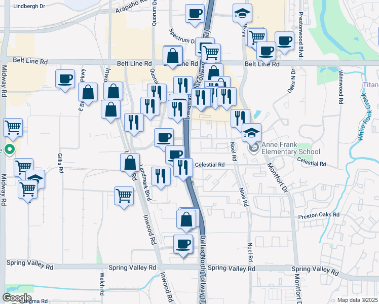 map of restaurants, bars, coffee shops, grocery stores, and more near 14765 Dallas Parkway in Dallas